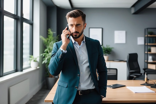 Focused Male Entrepreneur Talking on Phone with Client in Office