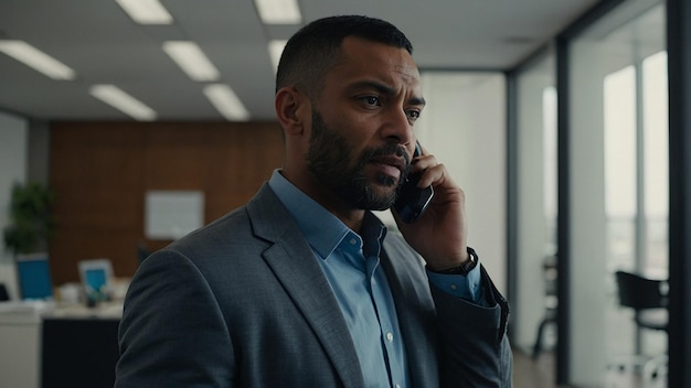 Focused Male Entrepreneur Talking on Phone with Client in Office