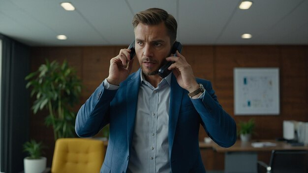 Photo focused male entrepreneur talking on phone with client in office