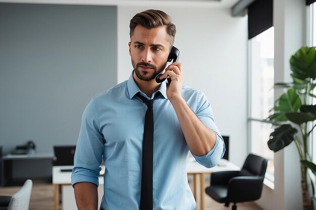 Focused Male Entrepreneur Talking on Phone with Client in Office