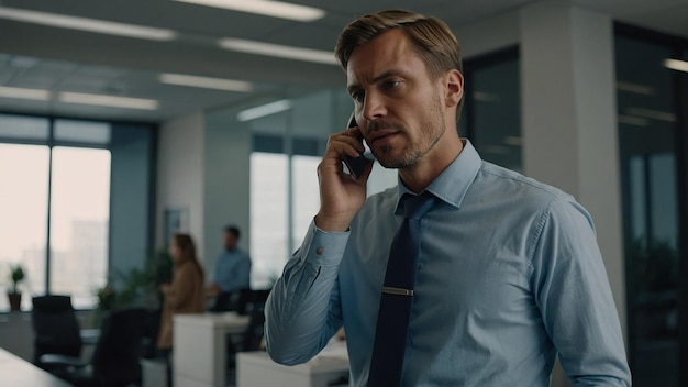 Focused Male Entrepreneur Talking on Phone with Client in Office