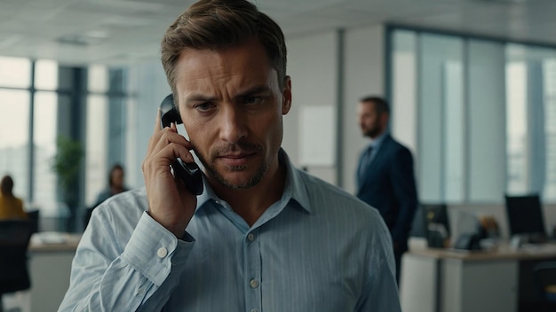 Focused Male Entrepreneur Talking on Phone with Client in Office