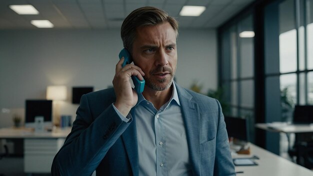 Photo focused male entrepreneur talking on phone with client in office