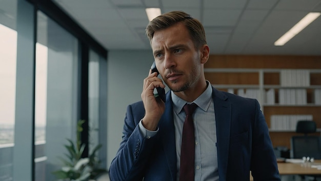 Photo focused male entrepreneur talking on phone with client in office