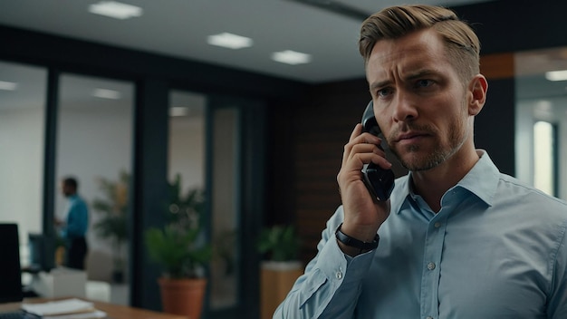 Focused Male Entrepreneur Talking on Phone with Client in Office