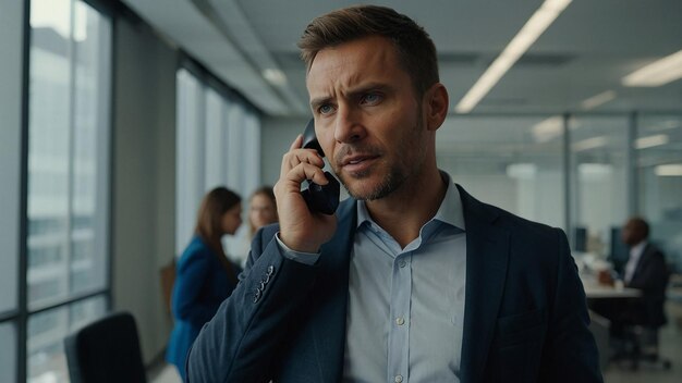 Photo focused male entrepreneur talking on phone with client in office