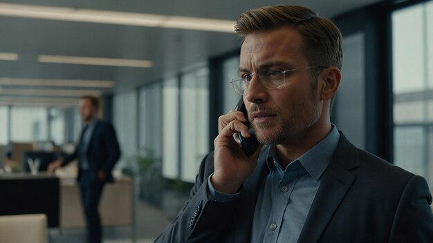 Focused Male Entrepreneur Talking on Phone with Client in Office