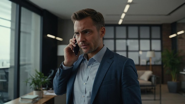 Photo focused male entrepreneur talking on phone with client in office