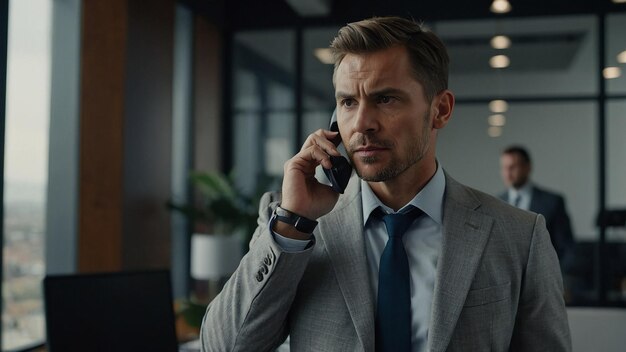 Focused Male Entrepreneur Talking on Phone with Client in Office