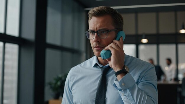 Photo focused male entrepreneur talking on phone with client in office