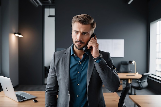 Focused Male Entrepreneur Talking on Phone with Client in Office