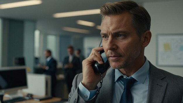 Focused Male Entrepreneur Talking on Phone with Client in Office