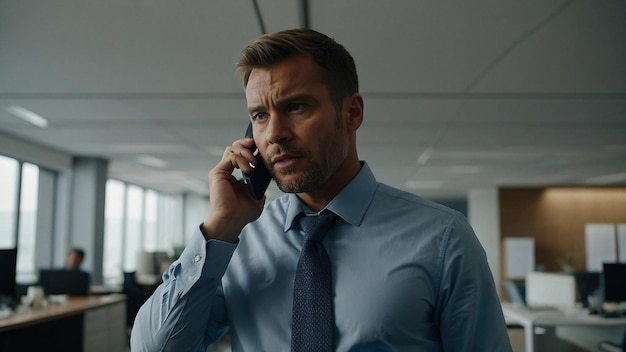 Focused Male Entrepreneur Talking on Phone with Client in Office