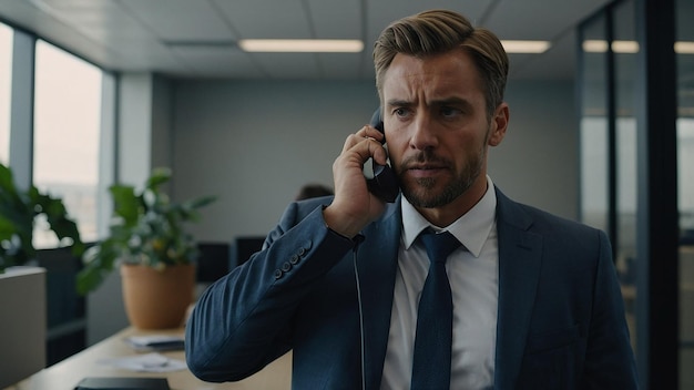 Focused Male Entrepreneur Talking on Phone with Client in Office