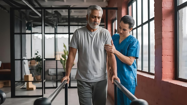 Focused male patient at physical therapy walking with the help of parallel bars and therapist next t