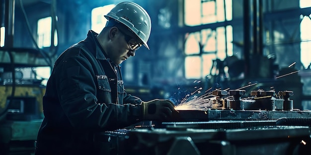 Focused male worker in a hard hat and safety glasses operating heavy machinery in an industrial sett