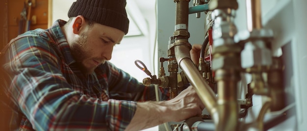 Photo a focused man in a beanie and plaid shirt works meticulously on a plumbing system embodying dedication and craftsmanship