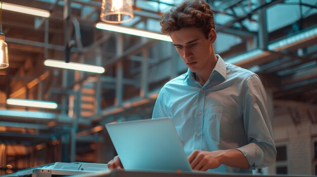 Photo the focused man using laptop