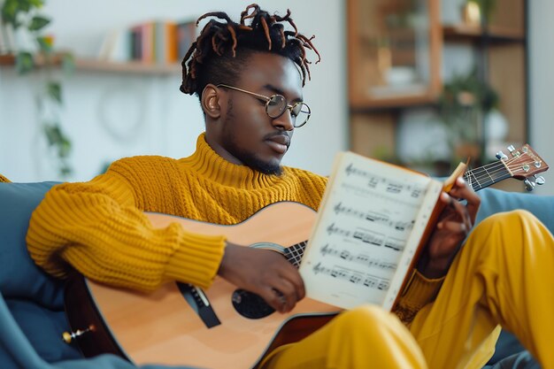 Photo a focused man with dreads in glasses and playing guitar while reading music book