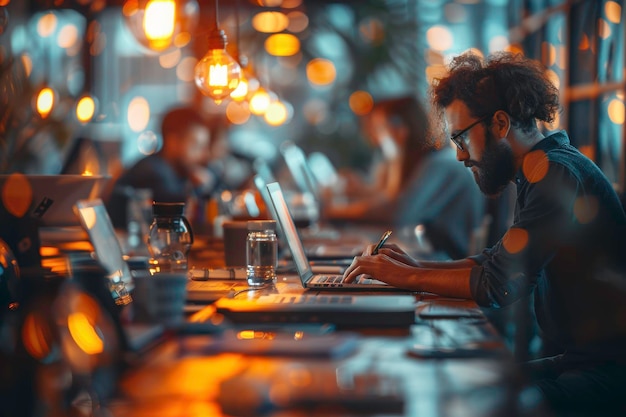 A focused man works on his laptop in a cozy illuminated cafe capturing the essence of productivity and creativity at night