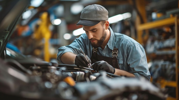 Focused mechanic working on a car engine in an industrial garage setting