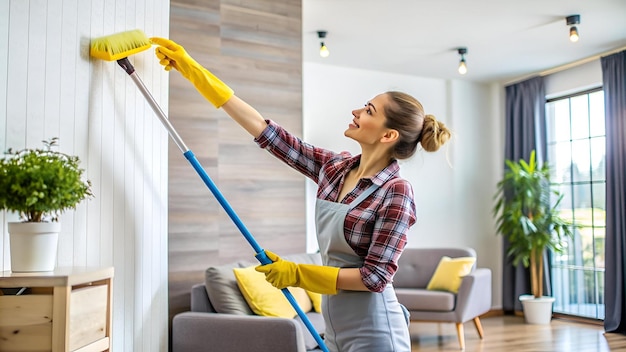 Photo focused modern housewife with mop washing walls and ceiling