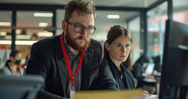 Photo focused office workers collaborating on a computer project in a modern workplace