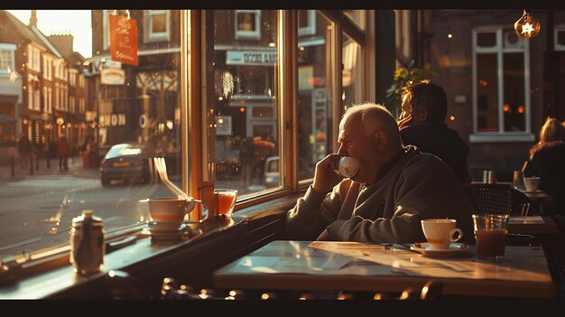 Photo focused photographer enjoying tea in a quaint cafe