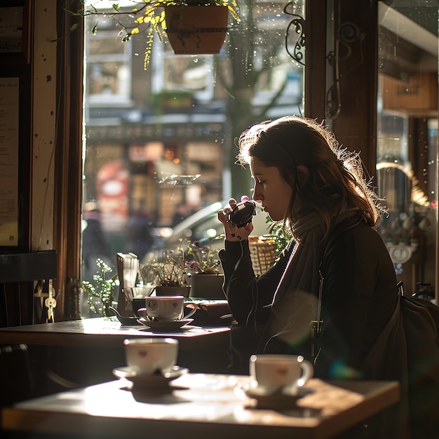 Focused Photographer Enjoying Tea in a Quaint Cafe