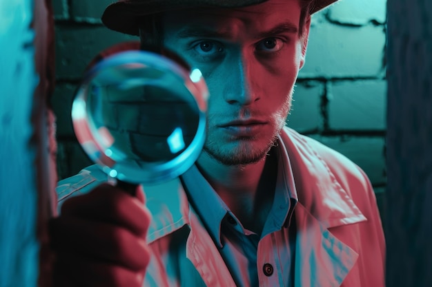 Photo a focused portrait of a person holding a magnifying glass shrouded in dramatic lighting evoking a sense of mystery and intrigue