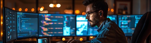 Photo a focused professional working on multiple computer screens analyzing data and coding in a modern office environment