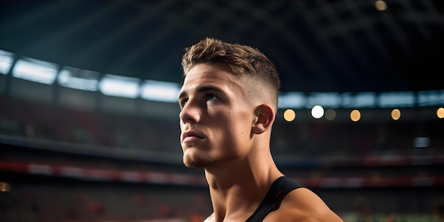 Focused rugby player in stadium looking away with blurred background Concept Sports Photography Rugby Player Stadium Focus Blurred Background