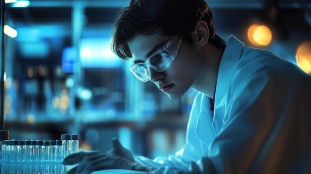 Focused Scientist Examining Test Tubes in a Laboratory