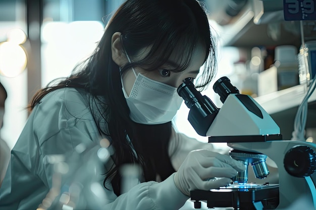 Focused scientist in a lab coat and protective mask conducting research using a microscope in a laboratory environment