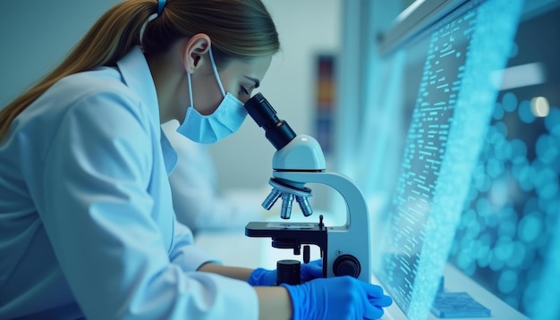 Photo focused scientist studying under microscope