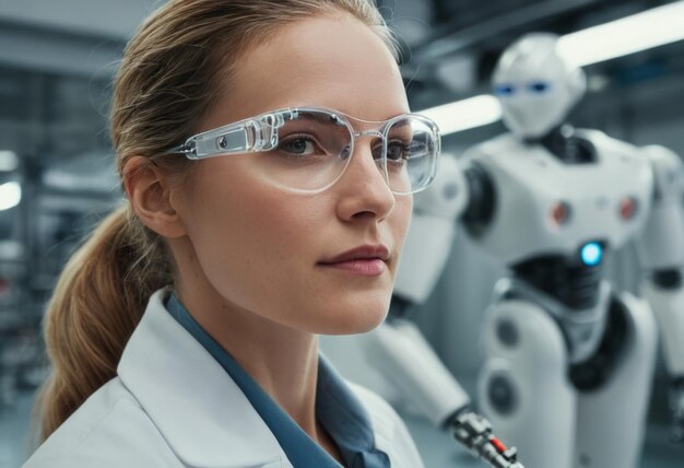 Focused scientist working with robotic arm technology in a laboratory highlighting innovation and