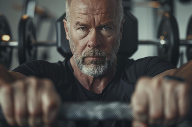 Focused senior man performing strength training exercise in a gym