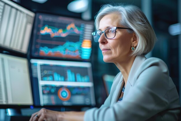 Focused Senior Woman Analyzing Stock Market Data Multiple Screens Blue Orange Stock Market Charts