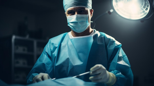 A focused serious male Surgeon performing surgery on a patient in the operating room of a hospital Medicine First Aid Life Saving concepts