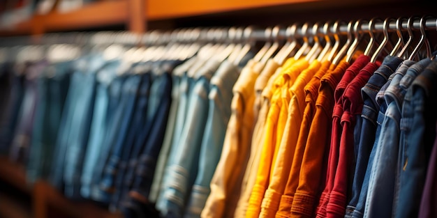 Focused shot of jeans rack in store with toned colors Concept Retail Display Jeans Rack Toned Colors Store Interior Fashion Merchandise