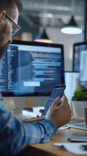 Photo focused software engineer working on mobile app debugging code on multiple monitors