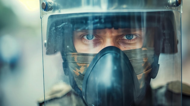 Focused soldier in protective gear and mask