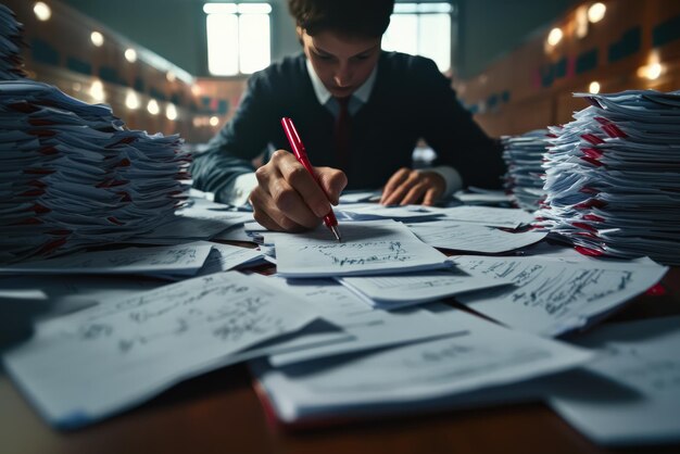 Photo a focused student writing notes among a chaotic pile of papers in a dimly lit library capturing intense study and concentration