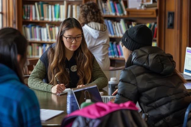 Photo focused students and teacher collaborating on research projects in quiet library setting