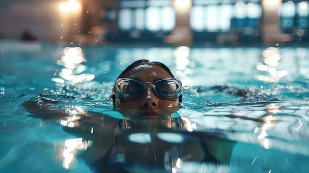 A focused swimmer emerges goggleclad from the tranquil waters of an indoor pool