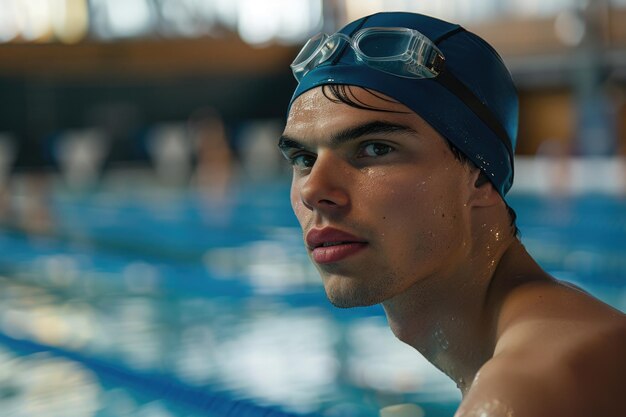 Focused swimmer preparing for competition in indoor pool AI