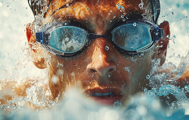 Focused swimmer with goggles in action water splashing around face during intense swim