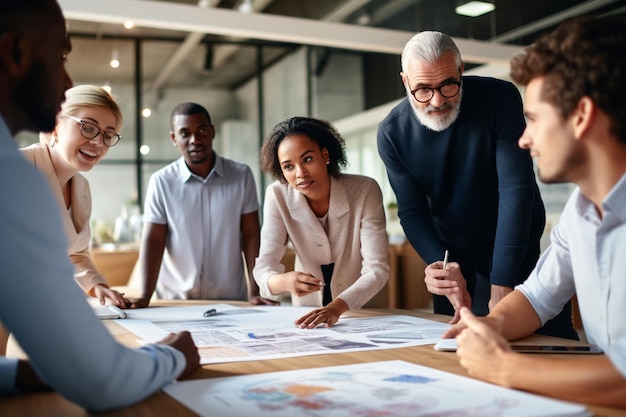 focused team leader presenting marketing plan to interested multiracial coworkers