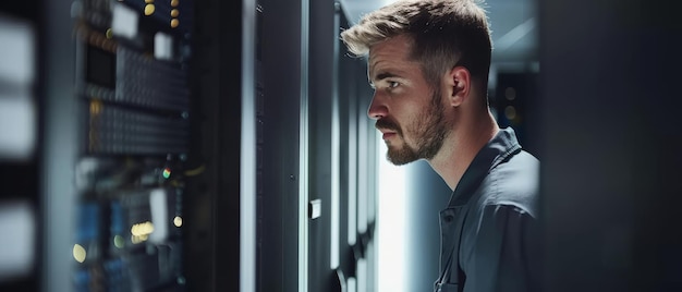 Photo a focused technician examines a server rack in a dimly lit data center highlighting the concentration and precision required in technology maintenance