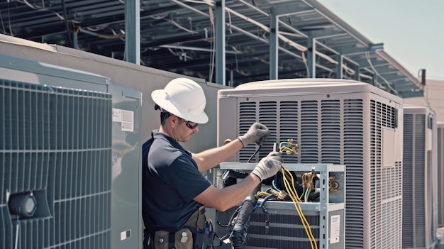 Focused technician servicing an industrial air conditioning unit equipped with tools and safety helmet